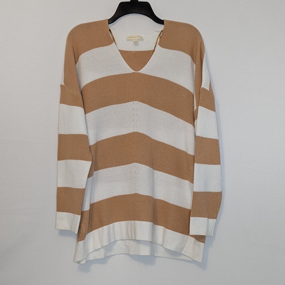 REBORN J Tan/White Striped V-Neck Rib-Knit Long Sleeved Sweater; Size L